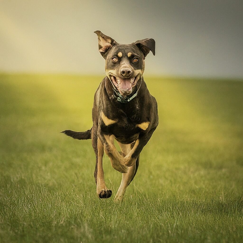 A dog running through a field with a healthy glow.