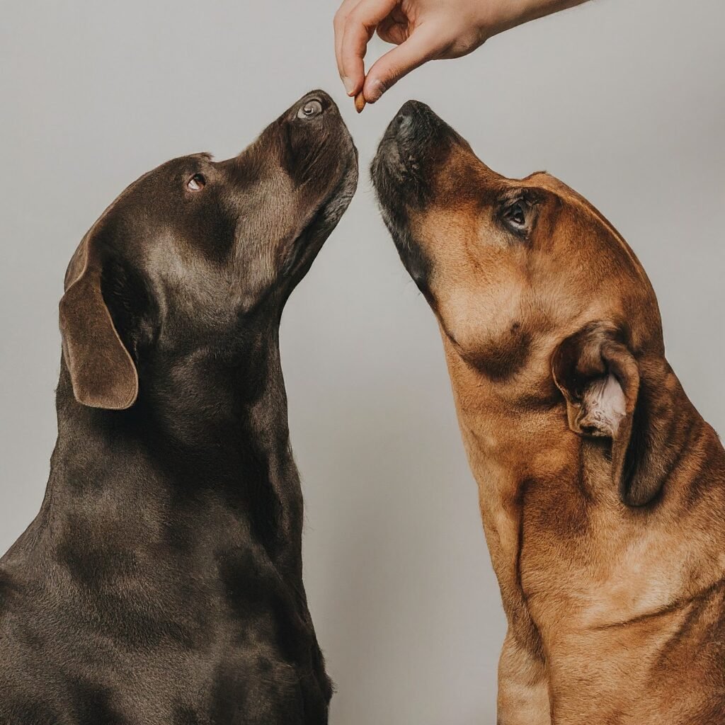 giving treats to two dogs sniffing each other