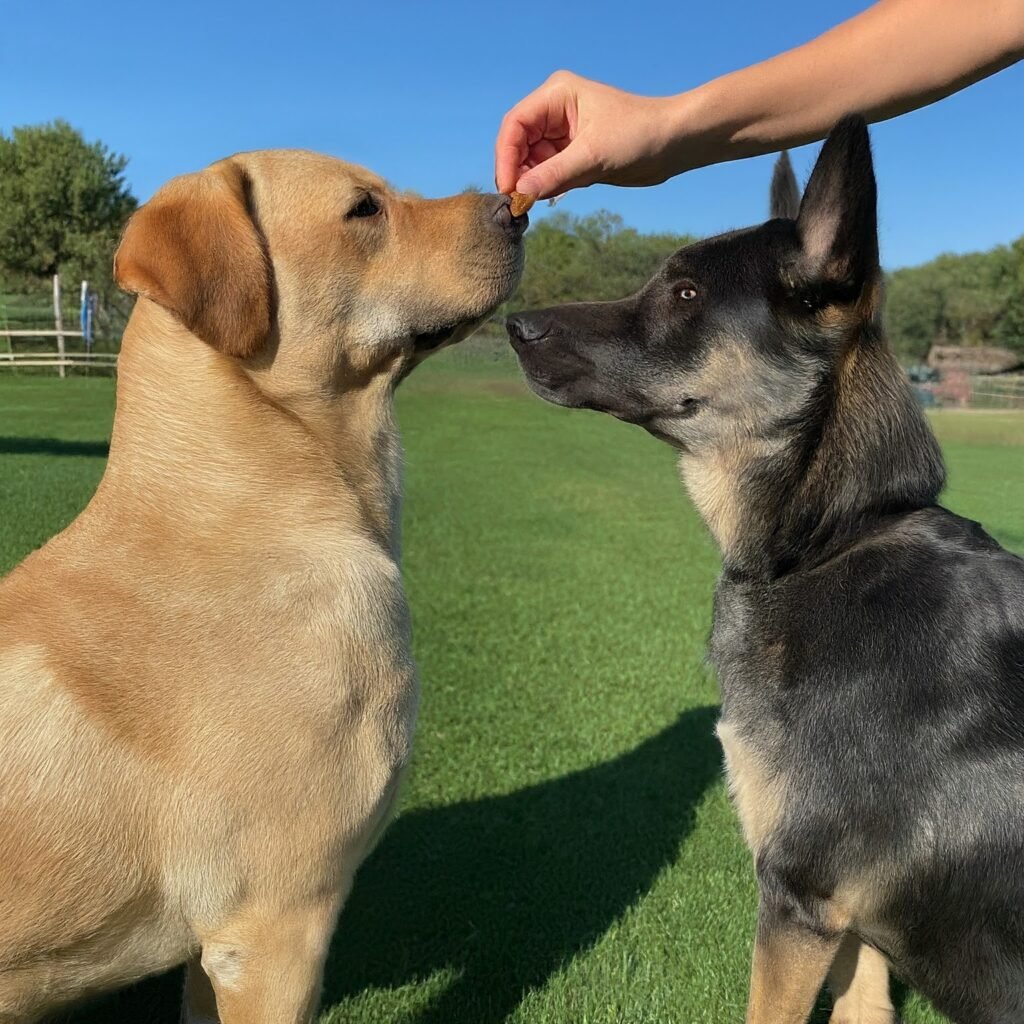 giving treats to two dogs sniffing each other coming close.png