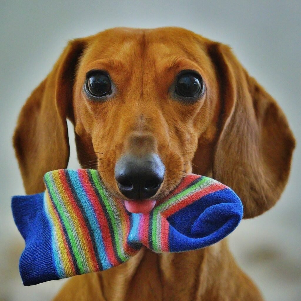 dog with sock in mouth |